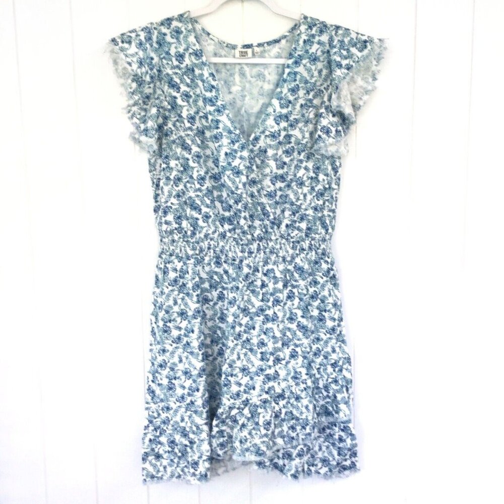 True Craft Summer Dress sz Large L Blue White Surplice, Raw edge Elastic Waist